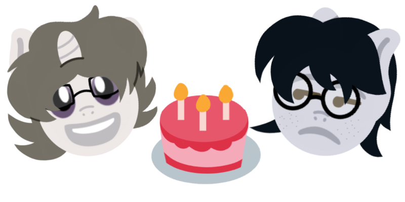 Size: 1000x500 | Tagged: safe, artist:toyminator900, derpibooru import, oc, oc:corvinia, oc:solaria, unofficial characters only, unicorn, birthday, birthday cake, cake, candle, emoji, food, gift art, glasses, simple background, transparent background