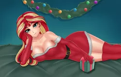 Size: 1920x1219 | Tagged: suggestive, artist:anonix123, derpibooru import, sunset shimmer, equestria girls, bedroom eyes, blushing, breasts, busty sunset shimmer, christmas, christmas decoration, cleavage, clothes, female, gloves, hips, holiday, looking at you, present, sexy, socks, solo, solo female, stockings, stupid sexy sunset shimmer, thigh highs, thighs