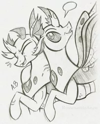 Size: 801x998 | Tagged: artist:rossmaniteanzu, black and white, brothers, changedling, changedling brothers, changeling, derpibooru import, duo, grayscale, king thorax, laughing, male, monochrome, pencil drawing, pharynx, prince pharynx, safe, siblings, sketch, thorax, traditional art