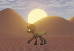 Size: 2500x1750 | Tagged: 3d, alone, artist:ghost reviews, blender, blender eevee, changeling, derpibooru import, desert, lonely, oc, oc:rawhide, render, safe, solo, sun, sunset, trotting, walking, yellow changeling