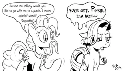 Size: 1200x675 | Tagged: safe, artist:pony-berserker, derpibooru import, pinkie pie, rarity, earth pony, pony, unicorn, angry, black and white, facial hair, fake moustache, female, gratuitous french, grayscale, i can't believe it's not idw, mare, monochrome, moustache, pony-berserker's twitter sketches, signature, simple background, sketch, speech bubble, white background