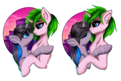 Size: 4500x3000 | Tagged: safe, artist:homecome, derpibooru import, oc, oc:c1t0-b0r, oc:vinyl mix, unofficial characters only, pony, robot, robot pony, unicorn, citomix, commission, couple, eyes closed, female, hug, kissing, lesbian, lidded eyes, looking at each other, oc x oc, shipping, size difference, smiling, vaporwave, ych result