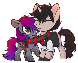 Size: 1221x993 | Tagged: safe, artist:cloud-fly, derpibooru import, oc, oc:leon, oc:shyluna, unofficial characters only, pegasus, pony, unicorn, chibi, clothes, female, male, mare, scarf, shared clothing, shared scarf, simple background, stallion, transparent background