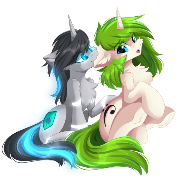 Size: 2741x2697 | Tagged: safe, artist:airiniblock, derpibooru import, oc, oc:c1t0-b0r, oc:vinyl mix, unofficial characters only, pony, robot, robot pony, unicorn, biting, cheek fluff, chest fluff, citomix, commission, couple, ear bite, ear fluff, female, glow, lesbian, looking at each other, oc x oc, shipping, size difference