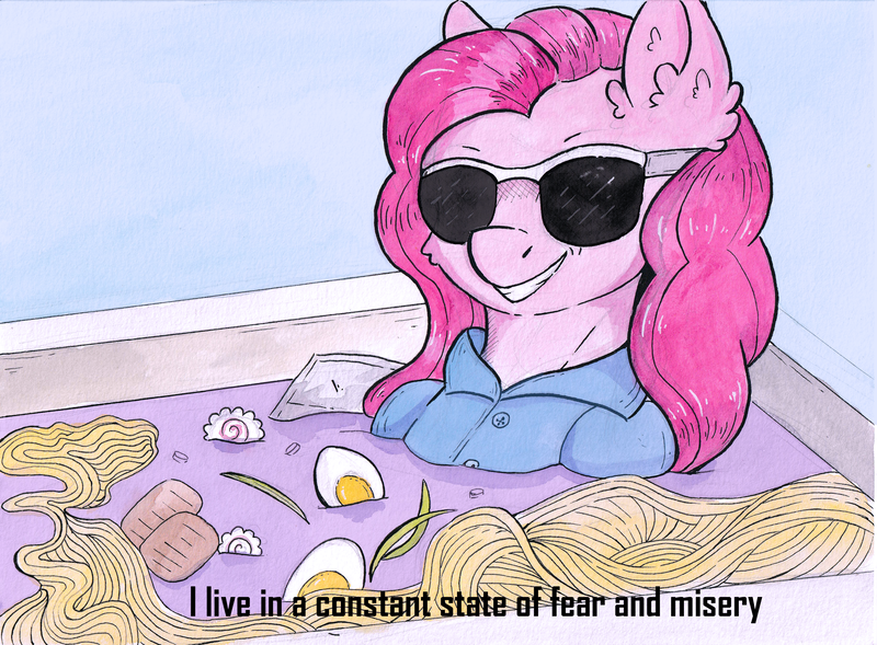 Size: 3352x2469 | Tagged: safe, artist:lightisanasshole, derpibooru import, pinkie pie, earth pony, pony, bath, clothes, depressed, egg, filthy frank, food, meme, noodles, pink guy, ramen, reference, shirt, smiling, smirk, solo, sunglasses, text, toppings, wet, wet mane