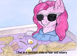 Size: 3352x2469 | Tagged: safe, artist:lightisanasshole, derpibooru import, pinkie pie, earth pony, pony, bath, clothes, depressed, egg, filthy frank, food, meme, noodles, pink guy, ramen, reference, shirt, smiling, smirk, solo, sunglasses, text, toppings, wet, wet mane