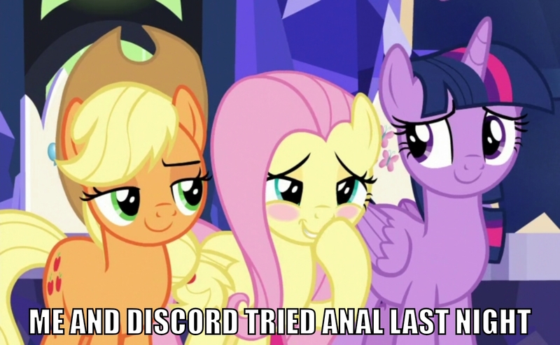 Size: 1440x889 | Tagged: suggestive, derpibooru import, edit, edited screencap, screencap, applejack, fluttershy, twilight sparkle, twilight sparkle (alicorn), alicorn, earth pony, pegasus, pony, between dark and dawn, blush sticker, blushing, caption, female, image macro, implied anal, implied discoshy, implied sex, implied shipping, implied straight, mare, meme, out of context, text