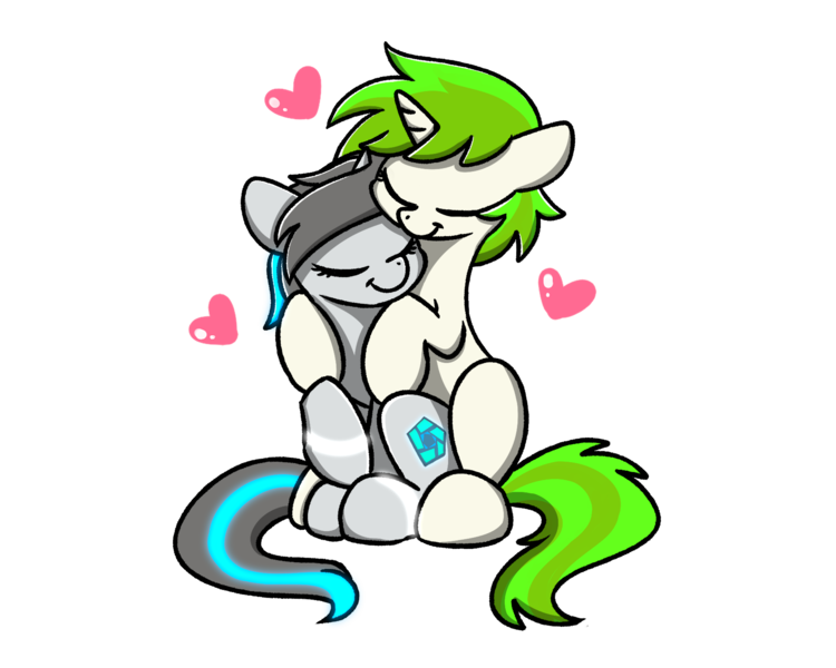 Size: 2560x2048 | Tagged: safe, artist:sugar morning, derpibooru import, oc, oc:c1t0-b0r, oc:vinyl mix, unofficial characters only, pony, robot, robot pony, unicorn, citomix, commission, couple, cuddling, cute, eyes closed, female, glow, happy, heart, hug, lesbian, oc x oc, shipping, size difference, smiling