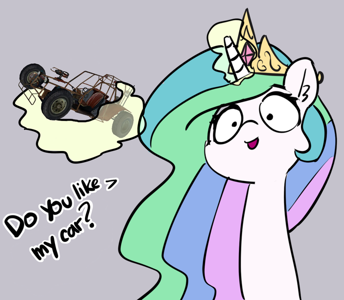 Size: 1189x1037 | Tagged: safe, artist:pabbley, derpibooru import, edit, edited edit, princess celestia, pony, buggy, car, dialogue, glowing horn, gray background, half-life, half-life 2, horn, initial d, levitation, magic, necc, simple background, solo, telekinesis