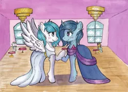 Size: 3316x2384 | Tagged: safe, artist:lightisanasshole, derpibooru import, oc, oc:delly, oc:graceful motion, pegasus, pony, unicorn, blue coat, blue mane, blushing, blushing profusely, chandelier, chest fluff, clothes, dancing, dress, duo focus, female, floor, flower, fluffy, gala dress, holding hands, hoof hold, horn, in love, looking at each other, oc x oc, pegasus oc, room, shipping, table, unicorn oc, walls, white coat, white dress, window, wings, wooden floor