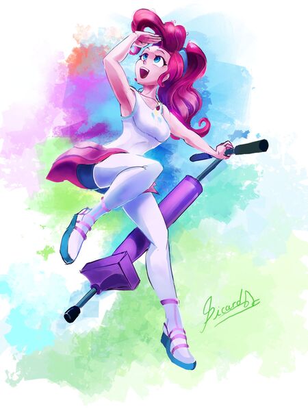 Size: 1920x2561 | Tagged: safe, artist:light-of-inirida, derpibooru import, pinkie pie, human, equestria girls, armpits, cute, diapinkes, female, jumping, pogo stick, solo, trampoline