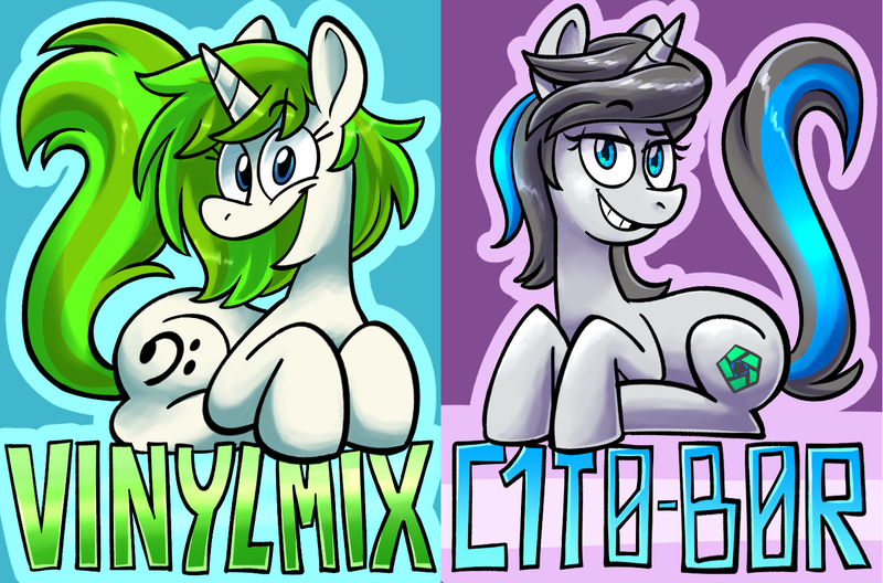 Size: 1500x990 | Tagged: safe, artist:rainybleuu, derpibooru import, oc, oc:c1t0-b0r, oc:vinyl mix, unofficial characters only, pony, robot, robot pony, unicorn, badge, citomix, commission, couple, female, laying on stomach, lesbian, oc x oc, shipping, smiling, text