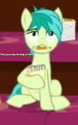 Size: 113x181 | Tagged: safe, derpibooru import, edit, edited screencap, screencap, sandbar, earth pony, pony, what lies beneath, asking, bored, caption, cropped, fourth wall, hoof hold, looking at you, notepad, pencil, pencil in mouth, picture for breezies, question, shrunken pupils, sitting, solo, staring at you, staring contest, tired