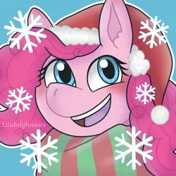 Size: 500x500 | Tagged: safe, artist:landofghosties, derpibooru import, pinkie pie, pony, blue background, bust, christmas, clothes, cute, diapinkes, ear fluff, female, hat, holiday, mare, open mouth, portrait, santa hat, scarf, simple background, snow, snowflake, solo