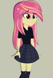 Size: 740x1080 | Tagged: safe, artist:galacticflashd, derpibooru import, oc, oc:styler selvano, unofficial characters only, human, equestria girls, braid, clothes, female, makeup, miniskirt, sad, skirt, socks, solo, thigh highs