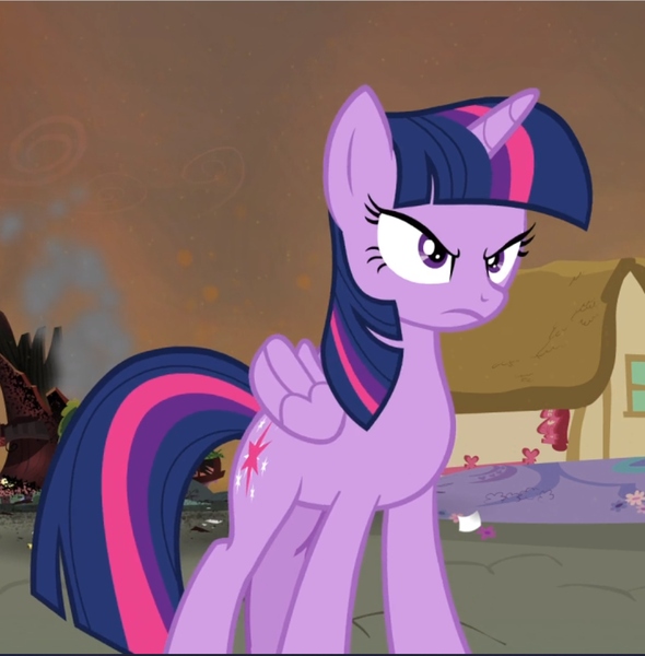 Size: 925x941 | Tagged: safe, derpibooru import, screencap, twilight sparkle, twilight sparkle (alicorn), alicorn, pony, twilight's kingdom, angry, cropped, determined, female, folded wings, frown, furious, glare, golden oaks library, looking at someone, mare, narrowed eyes, ruins, smoke, solo, twilight is not amused, unamused, wings