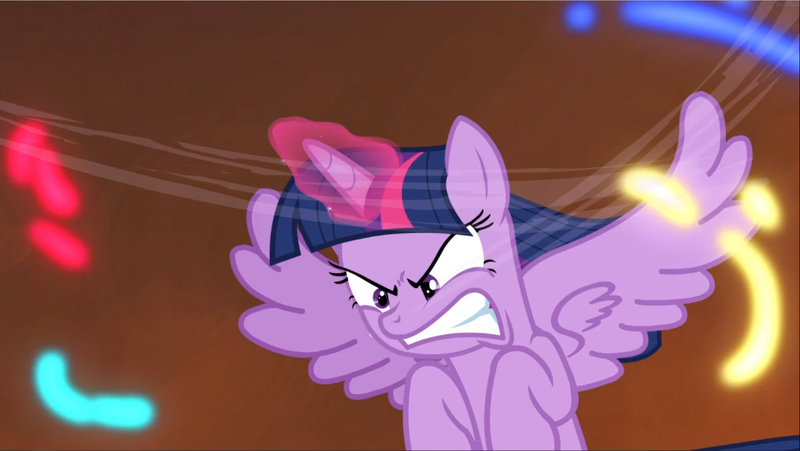 Size: 1666x939 | Tagged: safe, derpibooru import, screencap, twilight sparkle, twilight sparkle (alicorn), alicorn, pony, twilight's kingdom, angry, cropped, determined, female, fight, flying, furious, glare, glowing horn, gritted teeth, horn, looking at someone, looking down, magic, mare, solo, spread wings, twilight is not amused, twilight vs tirek, unamused, windswept mane, wings