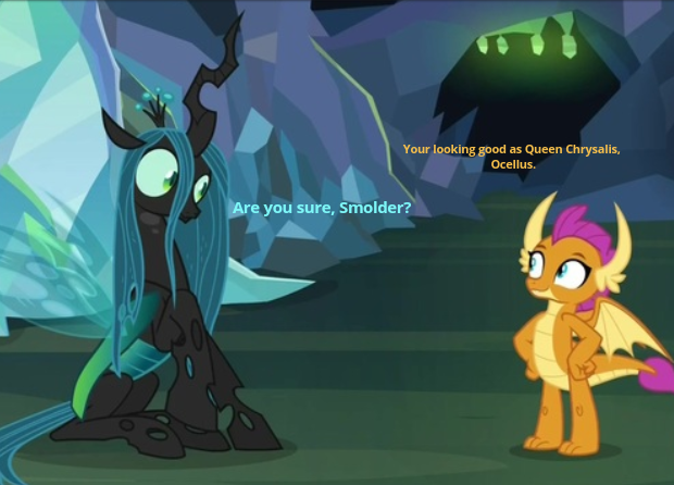 Size: 620x446 | Tagged: asking, caption, changeling, changeling queen, chatting, compliment, cropped, derpibooru import, disguise, disguised changeling, dragon, duo, edit, edited screencap, female, grammar error, ocellus, queen chrysalis, safe, screencap, smolder, what lies beneath