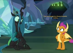 Size: 620x446 | Tagged: asking, caption, changeling, changeling queen, chatting, compliment, cropped, derpibooru import, disguise, disguised changeling, dragon, duo, edit, edited screencap, female, grammar error, ocellus, queen chrysalis, safe, screencap, smolder, what lies beneath