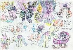 Size: 3484x2422 | Tagged: safe, artist:grimmyweirdy, derpibooru import, pound cake, princess flurry heart, pumpkin cake, thorax, alicorn, changedling, changeling, pony, a flurry of emotions, bubblegum, clothes, cookie, cookie jar, crib, crystal heart, diaper, fiery mane, fiery wings, food, fury heart, gum, hoodie, horn, horn ring, king thorax, older, older flurry heart, piercing, princess emo heart, princess fury heart, rage, ring, teddy bear, traditional art, wing piercing, wings