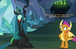 Size: 639x411 | Tagged: asking, blushing, caption, changeling, changeling queen, chatting, compliment, cropped, derpibooru import, disguise, disguised changeling, dragon, edit, edited screencap, female, lesbian, ocellus, queen chrysalis, questioning, safe, screencap, shipping, smolcellus, smolder, what lies beneath