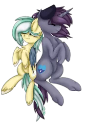 Size: 1039x1497 | Tagged: safe, artist:ezzerie, deleted from derpibooru, derpibooru import, oc, oc:harsh, oc:icy breeze, bat, pony, unicorn, canequine, commissoon, couple, cuddling, digital, duo, fullbody, sleeping