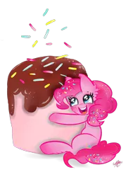 Size: 1000x1400 | Tagged: safe, artist:tractaresolidum, derpibooru import, pinkie pie, earth pony, pony, blushing, cheek fluff, chocolate, cute, diapinkes, ear fluff, female, food, leg fluff, mare, marshmallow, open mouth, simple background, sitting, solo, sprinkles, transparent background