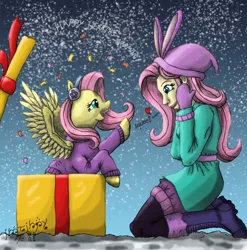 Size: 888x900 | Tagged: safe, artist:edhelistar, derpibooru import, fluttershy, pegasus, pony, best gift ever, equestria girls, equestria girls series, holidays unwrapped, spoiler:eqg series (season 2), absurd resolution, boots, clothes, coat, confetti, cute, duo, earmuffs, female, floating heart, fluttershy's winter hat, fluttersquee, gloves, gradient background, heart, hearth's warming, human ponidox, kanji, leggings, looking at each other, mare, mixed media, present, self paradox, self ponidox, shoes, shyabetes, signature, snow, squee, sweater, sweatershy, tengwar, text, winter outfit