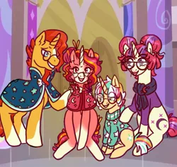 Size: 919x870 | Tagged: safe, artist:flaredrake20, derpibooru import, moondancer, sunburst, oc, oc:bright comet, oc:stardancer, pony, alternate hairstyle, clothes, family, female, glasses, male, offspring, parent:moondancer, parent:sunburst, parents:sundancer, shipping, straight, sundancer, sweater