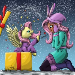 Size: 888x900 | Tagged: safe, alternate version, artist:edhelistar, derpibooru import, fluttershy, human, pegasus, pony, best gift ever, equestria girls, equestria girls series, holidays unwrapped, spoiler:eqg series (season 2), absurd resolution, boots, clothes, coat, confetti, duo, earmuffs, female, floating heart, fluttershy's winter hat, fluttersquee, gloves, gradient background, heart, hearth's warming, human coloration, human ponidox, kanji, leggings, looking at each other, mare, mixed media, moderate dark skin, present, self paradox, self ponidox, shoes, signature, snow, squee, sweater, sweatershy, tengwar, text, winter outfit