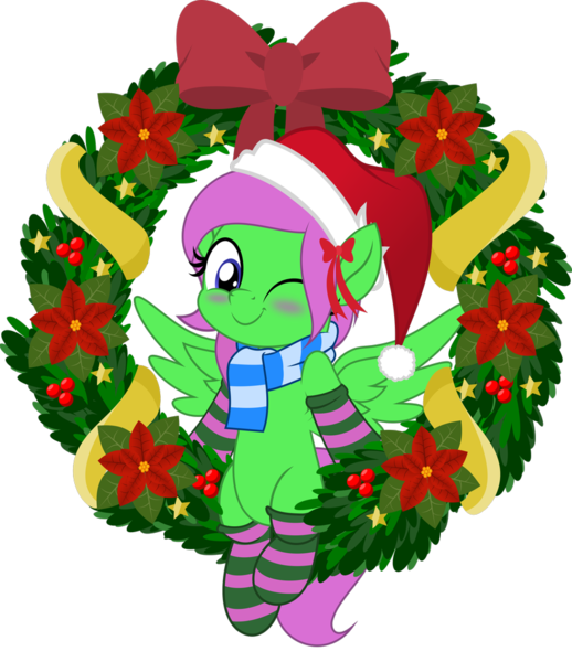 Size: 831x962 | Tagged: safe, artist:jhayarr23, derpibooru import, oc, oc:zippy sparkz, unofficial characters only, pegasus, pony, blue eyes, blushing, christmas, christmas wreath, clothes, commission, green coat, hat, hearth's warming, hearth's warming eve, holiday, jhayarr23's holiday ych, movie accurate, one eye closed, pegasus oc, pink hair, santa hat, scarf, simple background, socks, solo, striped socks, transparent background, wings, wink, winking at you, wreath, ych result