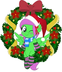 Size: 831x962 | Tagged: safe, artist:jhayarr23, derpibooru import, oc, oc:zippy sparkz, unofficial characters only, pegasus, pony, blue eyes, blushing, christmas, christmas wreath, clothes, commission, green coat, hat, hearth's warming, hearth's warming eve, holiday, jhayarr23's holiday ych, movie accurate, one eye closed, pegasus oc, pink hair, santa hat, scarf, simple background, socks, solo, striped socks, transparent background, wings, wink, winking at you, wreath, ych result