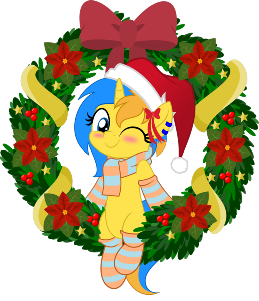 Size: 831x962 | Tagged: safe, artist:jhayarr23, derpibooru import, oc, oc:electric sparkz, unofficial characters only, pony, unicorn, blue eyes, blue hair, blushing, christmas, christmas wreath, clothes, commission, hat, hearth's warming, hearth's warming eve, holiday, horn, jhayarr23's holiday ych, movie accurate, one eye closed, orange hair, santa hat, scarf, simple background, socks, solo, striped socks, transparent background, unicorn oc, wink, winking at you, wreath, ych result, yellow coat