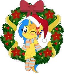 Size: 831x962 | Tagged: safe, artist:jhayarr23, derpibooru import, oc, oc:electric sparkz, unofficial characters only, pony, unicorn, blue eyes, blue hair, blushing, christmas, christmas wreath, clothes, commission, hat, hearth's warming, hearth's warming eve, holiday, horn, jhayarr23's holiday ych, movie accurate, one eye closed, orange hair, santa hat, scarf, simple background, socks, solo, striped socks, transparent background, unicorn oc, wink, winking at you, wreath, ych result, yellow coat