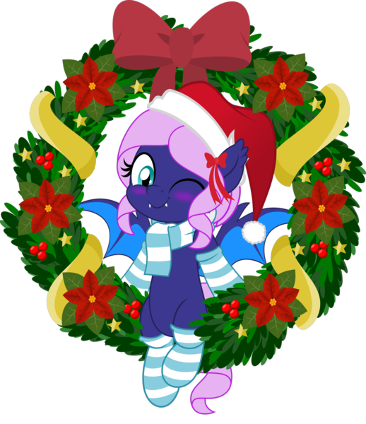 Size: 831x962 | Tagged: safe, artist:jhayarr23, derpibooru import, oc, oc:spiral galaxies, unofficial characters only, bat pony, pony, bat pony oc, bat wings, blue eyes, blushing, christmas, christmas wreath, clothes, commission, hat, hearth's warming, hearth's warming eve, holiday, jhayarr23's holiday ych, movie accurate, one eye closed, purple coat, purple hair, santa hat, scarf, simple background, socks, solo, striped socks, transparent background, wings, wink, winking at you, wreath, ych result