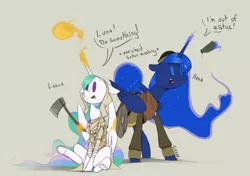 Size: 1700x1200 | Tagged: alicorn, artist:sinrar, clothes, cosplay, costume, crossover, dark souls, derpibooru import, dialogue, duo, estus flask, female, princess celestia, princess luna, pyromancer, safe, scared, siblings, simple background, sisters, sorcerer, weapon