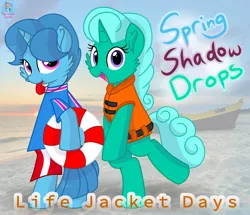 Size: 1920x1650 | Tagged: safe, artist:rainbow eevee, derpibooru import, glitter drops, spring rain, pony, unicorn, series:springshadowdrops life jacket days, beach, bipedal, blowing whistle, boat, clothes, female, irl, lesbian, lifeguard, lifeguard spring rain, lifejacket, looking at you, missing cutie mark, mouth hold, ocean, open mouth, photo, poster, shipping, solo, spring rain's lifeguard whistle, springdrops, standing, standing on one leg, water, whistle