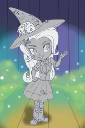 Size: 1000x1500 | Tagged: safe, artist:fuzzyfurvert, derpibooru import, trixie, equestria girls, cheek cutie mark, clothes, colored background, doll, equestria girls minis, hat, magic, monochrome, solo, stage, toy, trixie's hat