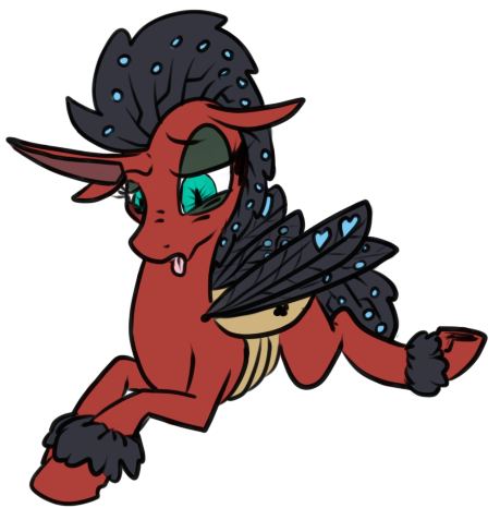 Size: 459x466 | Tagged: safe, artist:thebathwaterhero, derpibooru import, oc, oc:queen opus, unofficial characters only, changedling, changeling, changeling queen, cyoa:landfall, double colored changeling, female, simple background, solo, tongue out, transparent background