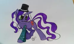 Size: 1200x716 | Tagged: safe, artist:lucas_gaxiola, derpibooru import, oc, oc:purple tinker, unofficial characters only, pony, unicorn, artifact, facial hair, female, hat, horn, irl, mare, moustache, photo, signature, solo, top hat, traditional art, unicorn oc