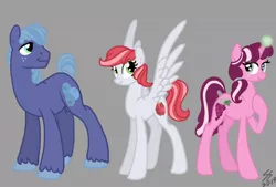 Size: 1024x692 | Tagged: safe, artist:psponyartist, derpibooru import, oc, oc:berry blue, oc:garden glory, oc:ruby red, earth pony, pegasus, pony, unicorn, kilalaverse, female, freckles, glowing horn, gray background, horn, male, mare, next next generation, offspring, offspring's offspring, parent:oc:red june, parent:oc:valiant heart, parents:oc x oc, siblings, simple background, stallion, unshorn fetlocks