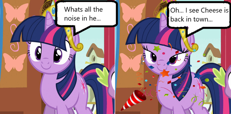 Size: 1005x499 | Tagged: safe, derpibooru import, edit, edited screencap, screencap, spike, twilight sparkle, pony, unicorn, magical mystery cure, big crown thingy, cropped, element of magic, fluttershy's cottage, implied cheese sandwich, jewelry, party popper, regalia, solo focus, speech bubble, time paradox, unicorn twilight