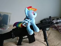 Size: 1440x1080 | Tagged: safe, artist:omegapony16, derpibooru import, rainbow dash, pegasus, pony, airsoft, female, fn scar, gun, irl, mare, photo, pillow, plushie, weapon