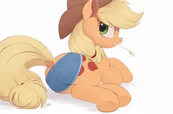 Size: 1500x992 | Tagged: safe, alternate version, artist:ncmares, artist:raps, derpibooru import, applejack, earth pony, pony, applebutt, butt, clothes, cowboy hat, cute, daisy dukes, denim, denim shorts, dock, female, freckles, hat, haystick, image, jackabetes, jpeg, mare, plot, pun, shorts, simple background, smiling, solo, underhoof, visual pun, white background