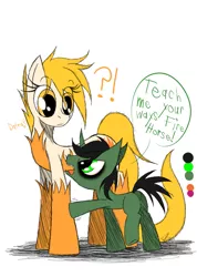 Size: 985x1385 | Tagged: safe, artist:didun850, derpibooru import, oc, oc:elude, oc:ember, unofficial characters only, earth pony, pony, bags under eyes, chest fluff, colt, confused, duo, earth pony oc, exclamation point, eye clipping through hair, female, interrobang, male, mare, question mark, simple background, speech, talking, white background