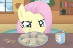 Size: 4000x2640 | Tagged: safe, artist:flutterstormreturns, derpibooru import, fluttershy, pony, discordant harmony, cucumber sandwiches, cute, discord lamp, evil smirk, female, food, high res, looking at something, mare, pure unfiltered evil, sandwich, scene interpretation, shyabetes, smiling, solo, speedpaint