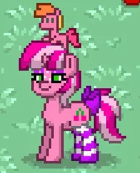 Size: 448x551 | Tagged: safe, derpibooru import, oc, oc:cherry days, unofficial characters only, pony, unicorn, pony town, bow, clothes, eyeshadow, female, horn, makeup, mare, pixel art, plushie, smiling, socks, solo, striped socks, tail bow, unicorn oc