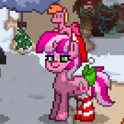 Size: 537x537 | Tagged: safe, derpibooru import, oc, oc:cherry days, unofficial characters only, pony, unicorn, pony town, bow, clothes, eyeshadow, female, horn, makeup, mare, mistletoe, pixel art, plushie, smiling, snow, socks, solo, striped socks, tail bow, unicorn oc