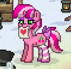 Size: 239x231 | Tagged: safe, derpibooru import, oc, oc:cherry days, unofficial characters only, pony, unicorn, pony town, bow, clothes, eyeshadow, female, hat, heart, horn, makeup, mare, mouth hold, note, pixel art, smiling, snow, socks, solo, striped socks, tail bow, top hat, unicorn oc