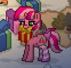 Size: 249x238 | Tagged: safe, derpibooru import, oc, oc:cherry days, unofficial characters only, pony, unicorn, pony town, bow, clothes, eyeshadow, female, horn, makeup, mare, mouth hold, pixel art, present, smiling, socks, solo, striped socks, tail bow, unicorn oc